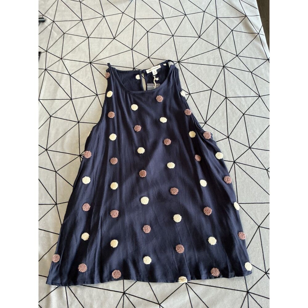 NWT Blu Pepper Navy Pom Pom Dot Dress Size S Sleeveless Swing Boho Textured